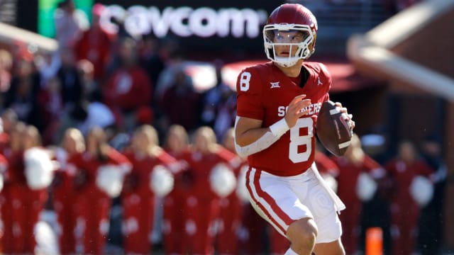 Oklahoma Sooners quarterback Dillion Gabriel throws a pass against the TCU Horned Frogs.